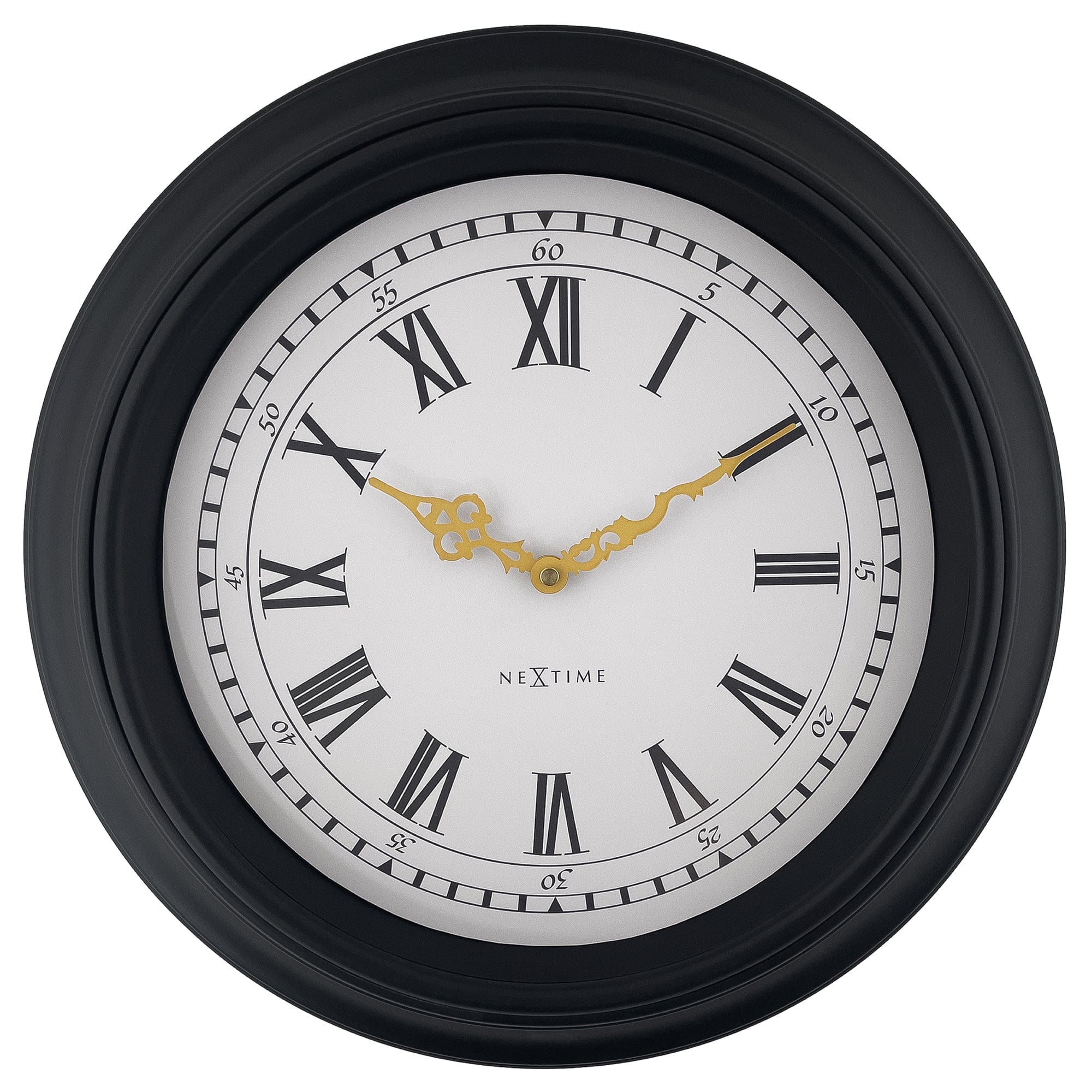NeXtime Chopin black and grey 40cm silent wall clock with plastic frame showing the clock face and hands.